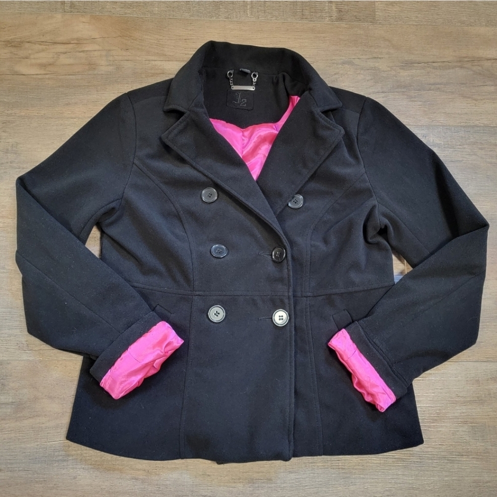 J2 Jou Jou Coat Jacket Peacoat Style M Black w Pink Satin LIning *No Hood